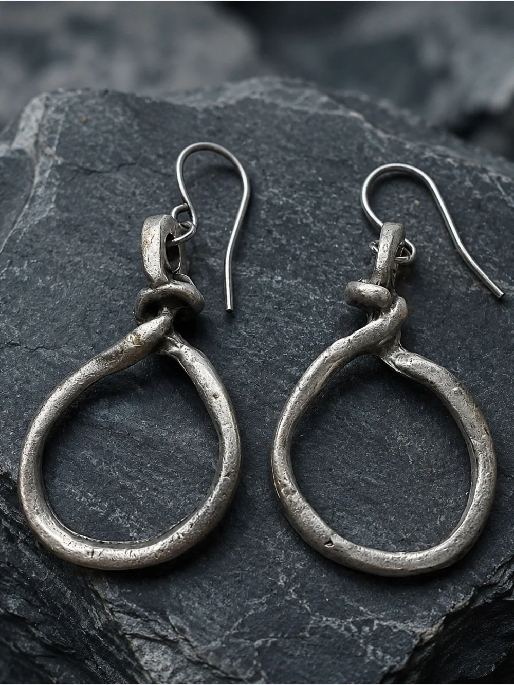 Handmade Antique Silver Tone Sculptural Open Circle Earrings